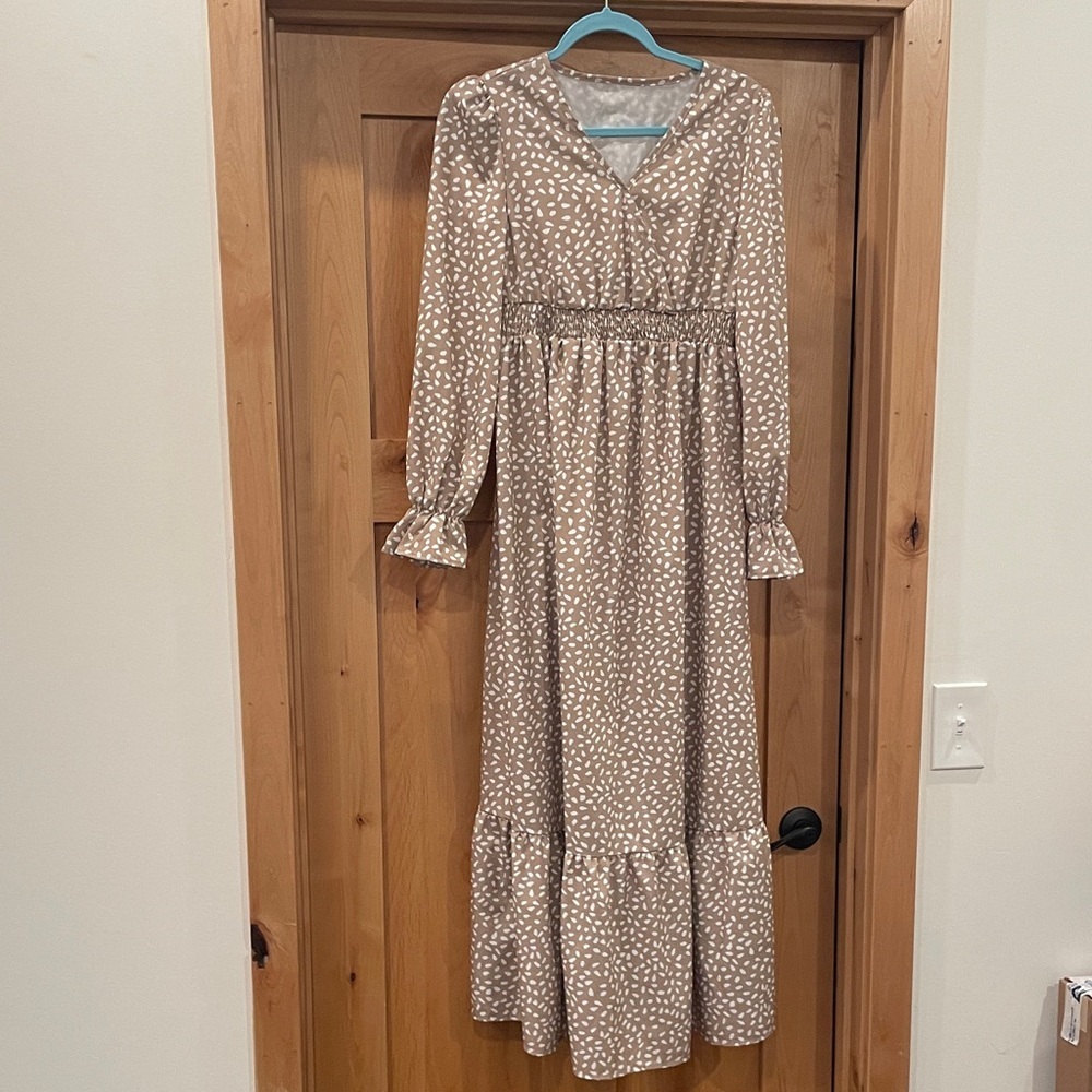 SHEIN Tan Long Sleeve Polka Dot Dress